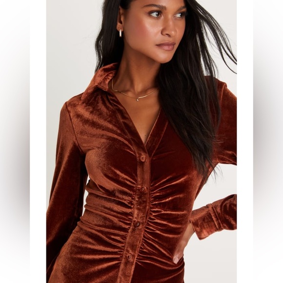 Rust Velvet Button-Up Mini Dress - Picture 2 of 3